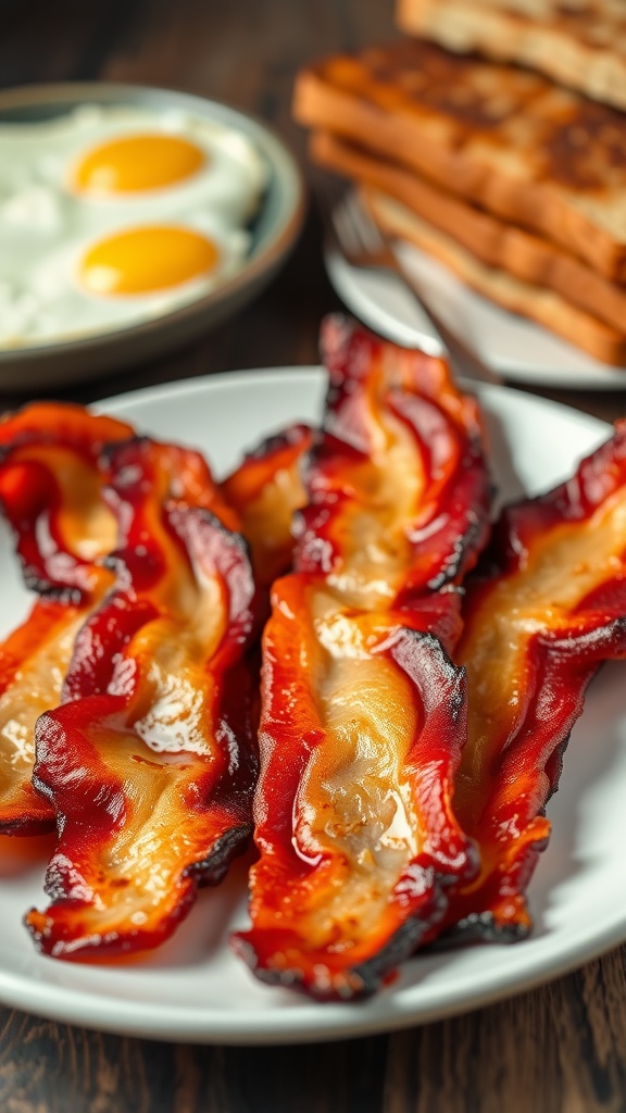 Crispy baked bacon strips on a plate with a wooden table background.